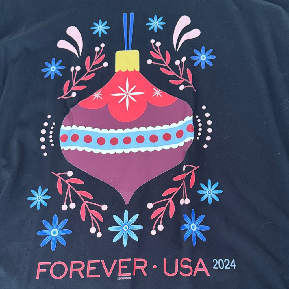 USPS Forever Christmas Ornament Stamp 2024 Black Graphic Tee Blue & Red Design